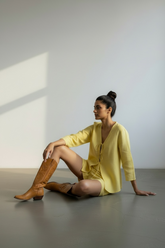lemon yellow 100% linen top with long sleeves and drawstrings