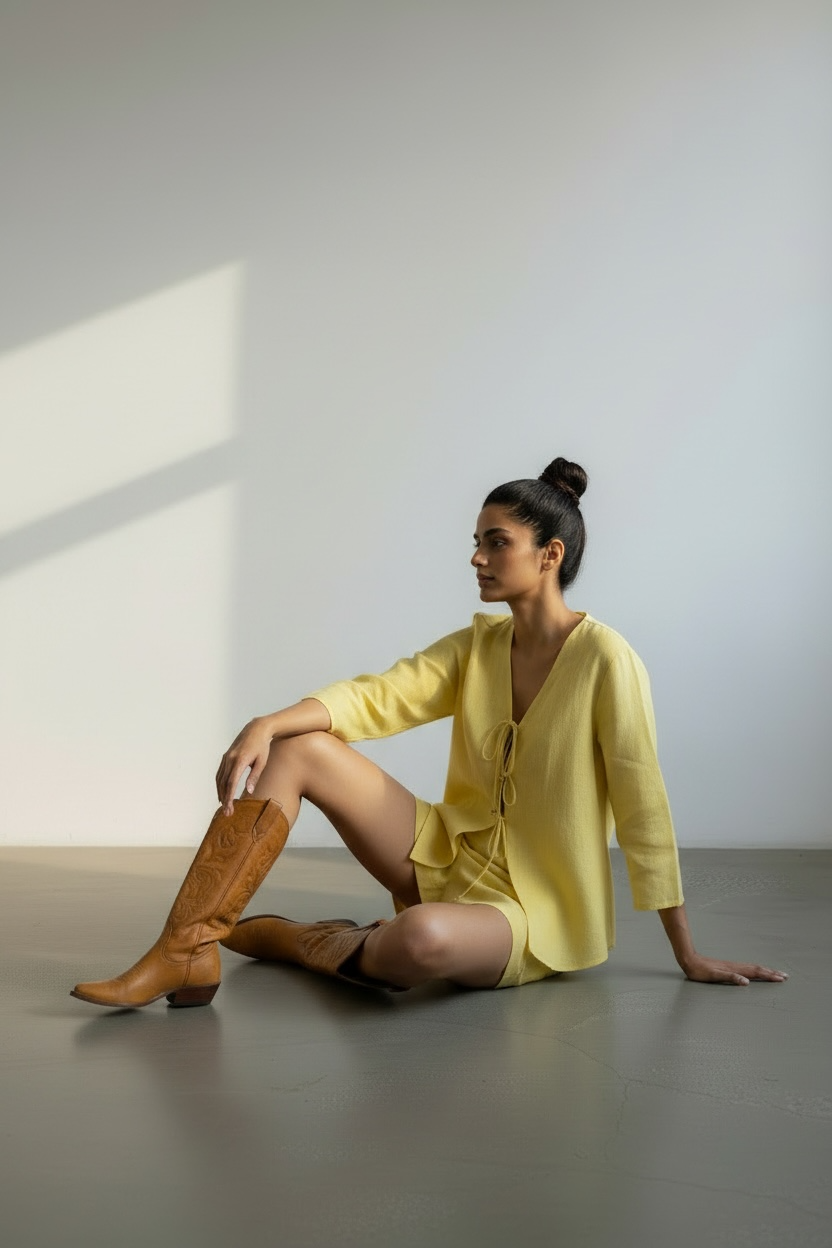 lemon yellow 100% linen top with long sleeves and drawstrings